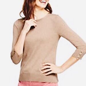 Lands End 100% cotton 3/4 Sleeve FAWN HEATHER Crew neck Sweater Size Small